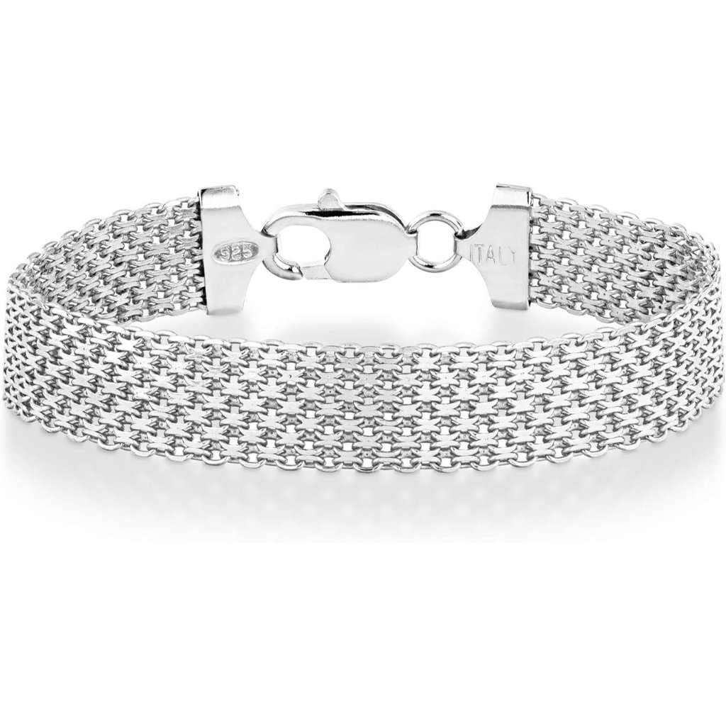 Solid 925 Sterling Silver Italian 12mm Mesh Link Chain Bracelet For Women Men, M